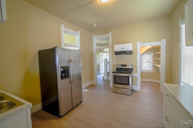 kitchen with white cabinets, light wood-style flooring, stainless steel appliances, light countertops, and under cabinet range hood