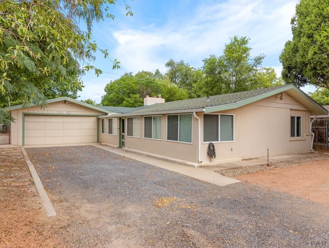 417 Park Dr, Pueblo, CO 81005 - ranch-style house featuring a chimney, a garage, a shingled roof, and driveway