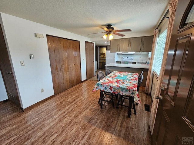 789 W 4th Ave, Springfield, CO 81073 - kitchen featuring wood finished floors, range with electric cooktop, a ceiling fan, freestanding refrigerator, and a textured ceiling