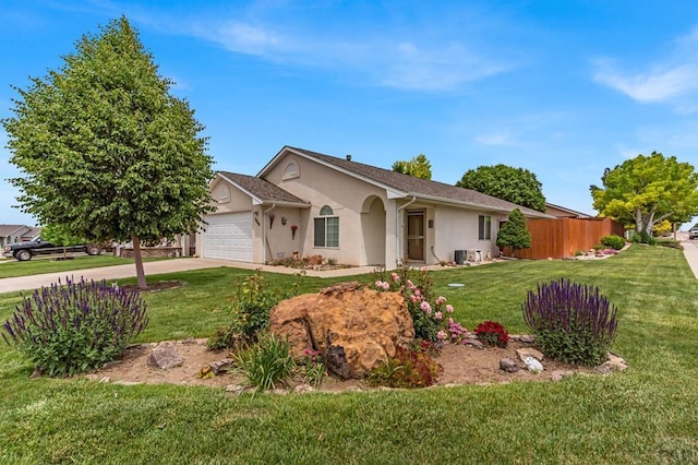 5048 Sage St, Pueblo, CO 81005 - ranch-style house featuring stucco siding, concrete driveway, an attached garage, and central AC