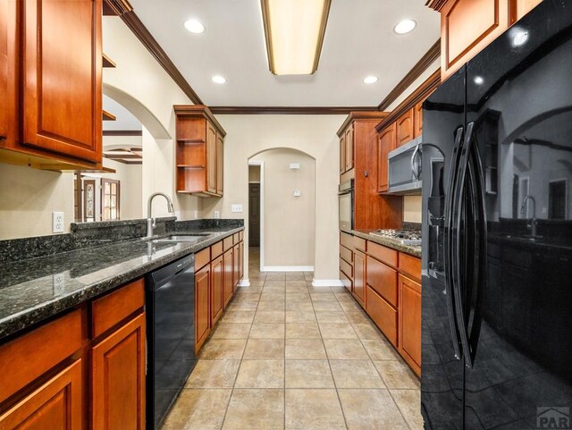 1705 Aquila Dr, Pueblo, CO 81008 - kitchen with black appliances, a sink, arched walkways, open shelves, and ornamental molding