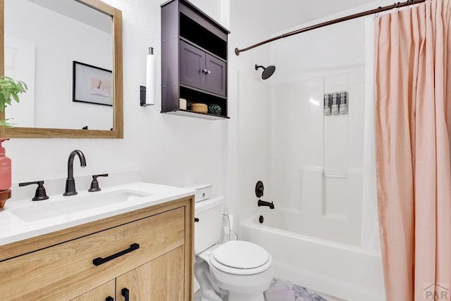 full bathroom with marble finish floor, shower / tub combo with curtain, vanity, and toilet