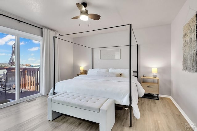 bedroom featuring ceiling fan, visible vents, baseboards, access to outside, and light wood finished floors