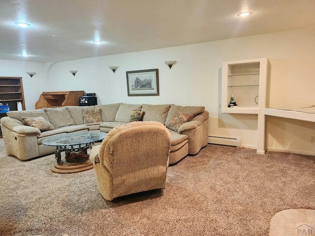 living area featuring baseboards, carpet floors, baseboard heating, and recessed lighting