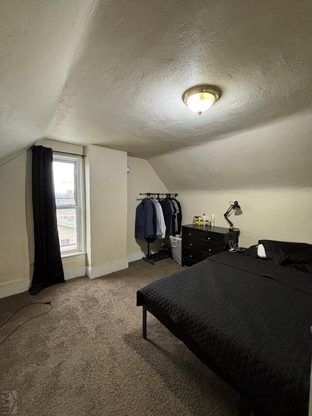 bedroom featuring lofted ceiling, carpet floors, a textured ceiling, and baseboards