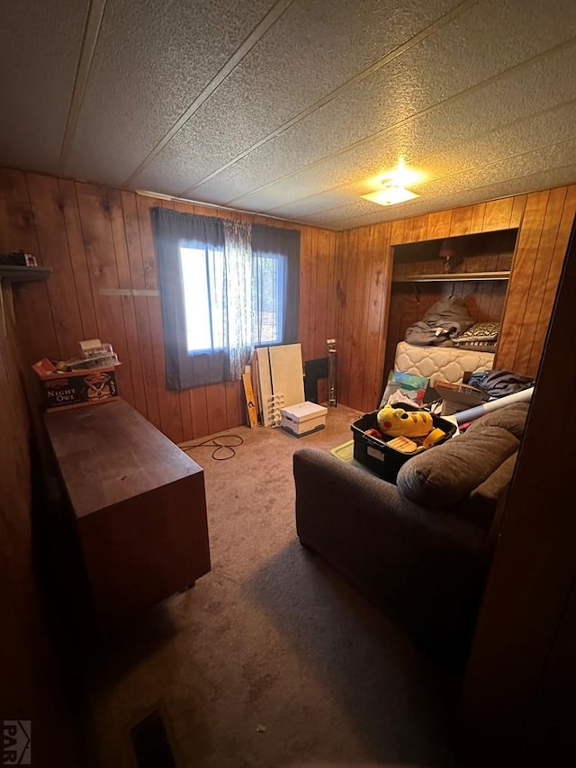 living room featuring wood walls and carpet