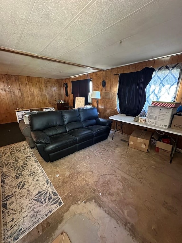 living area with wood walls