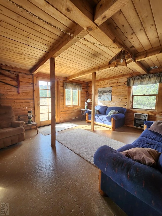 living room with wooden ceiling, wood walls, and beam ceiling