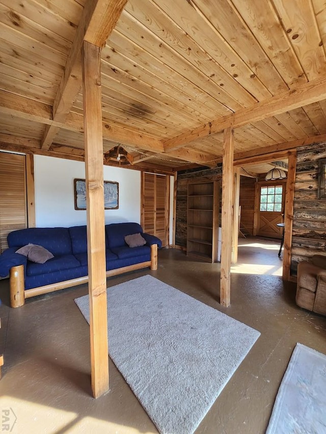 bedroom featuring wood ceiling, log walls, and beamed ceiling