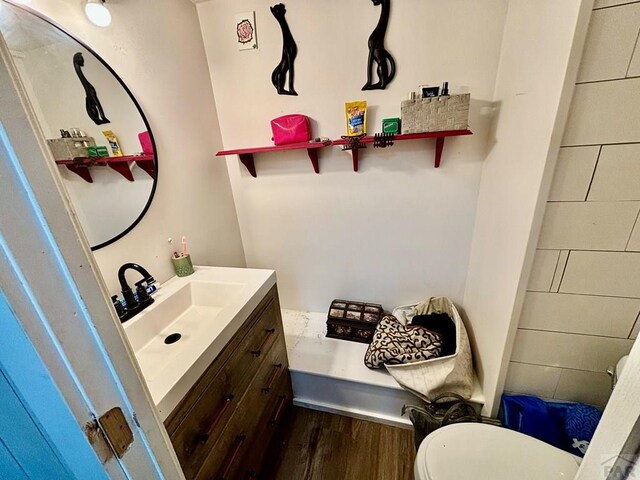 bathroom featuring vanity, toilet, and wood finished floors