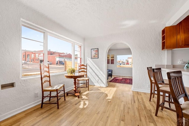 501 E Main St, Trinidad, CO 81082 - sitting room with a textured wall, a textured ceiling, arched walkways, light wood-style flooring, and baseboards