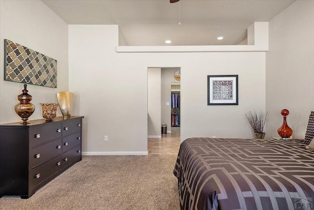 bedroom featuring light carpet, baseboards, and recessed lighting