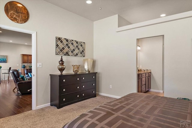 carpeted bedroom with recessed lighting and baseboards