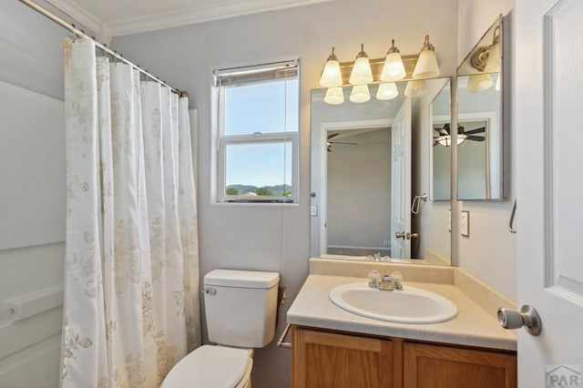 8718 Silver Glen Dr, Fountain, CO 80817 - full bathroom with vanity, ornamental molding, curtained shower, and a ceiling fan