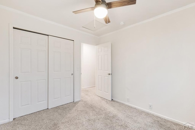 8718 Silver Glen Dr, Fountain, CO 80817 - unfurnished bedroom featuring carpet floors, a closet, crown molding, and a ceiling fan
