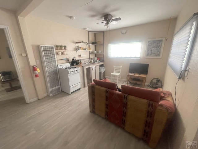 106 E 4th St, Antonito, CO 81120 - living area featuring a heating unit, a ceiling fan, light wood-style floors, and baseboards