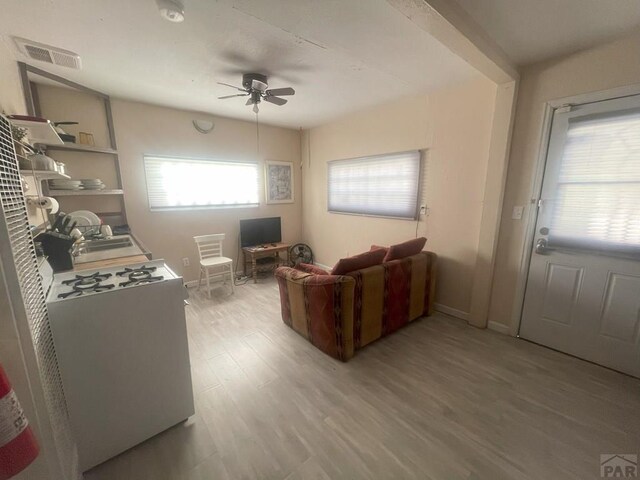106 E 4th St, Antonito, CO 81120 - living area with ceiling fan, light wood-style flooring, and baseboards