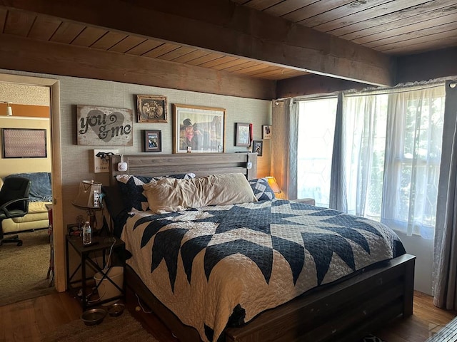 bedroom with wood ceiling, multiple windows, beamed ceiling, and wood finished floors