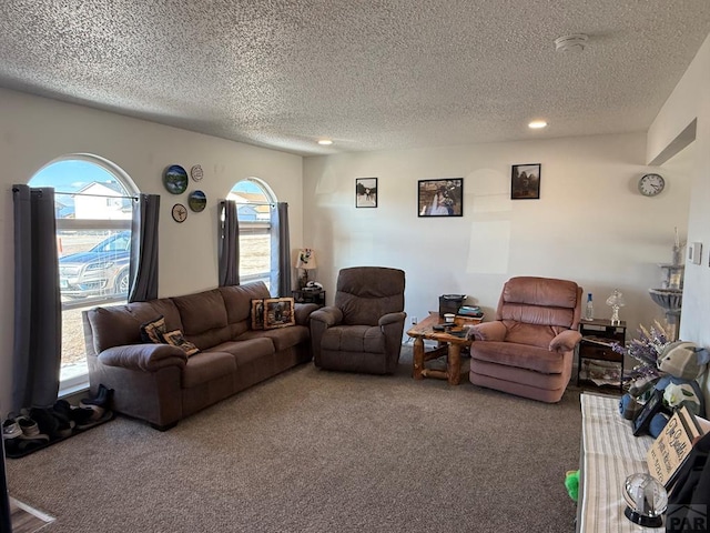 carpeted living area featuring recessed lighting and a textured ceiling