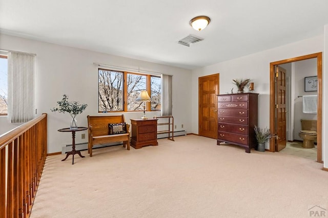 living area featuring visible vents, light colored carpet, baseboards, and a baseboard radiator