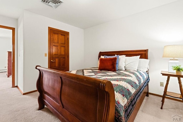 bedroom featuring light colored carpet, visible vents, and baseboards