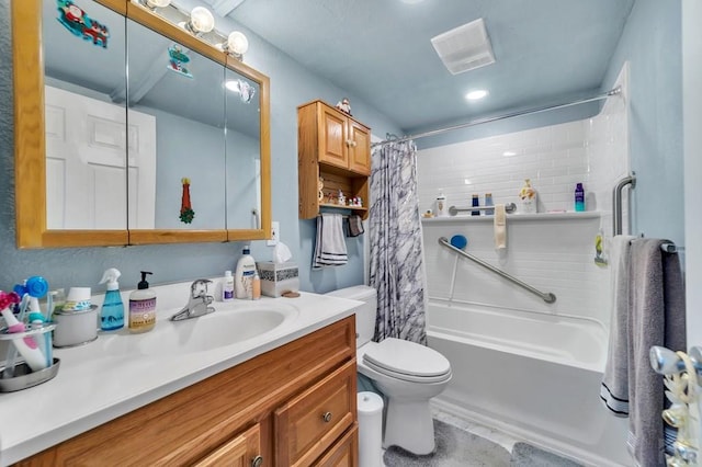 full bath featuring toilet, shower / bath combo, visible vents, and vanity