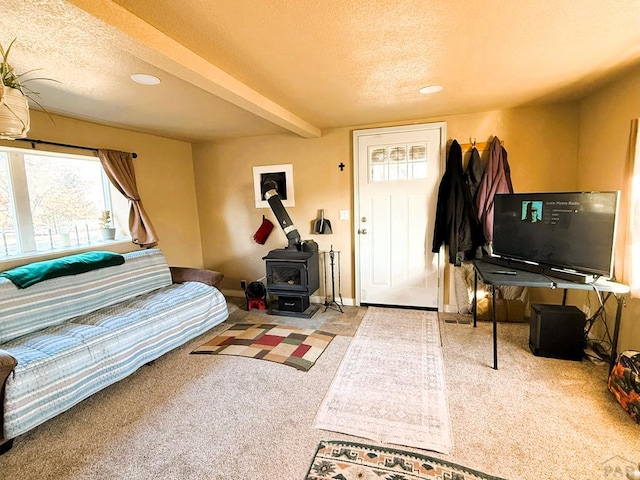 living room featuring a textured ceiling, carpet, a wood stove, and baseboards