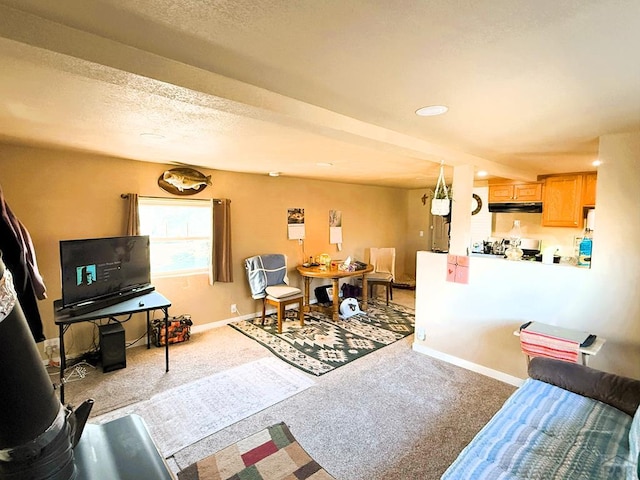 dining area featuring a textured ceiling, carpet, and baseboards