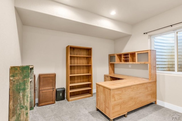 office space featuring recessed lighting, light colored carpet, and baseboards