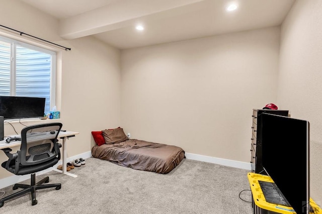 bedroom with recessed lighting, light colored carpet, beamed ceiling, and baseboards