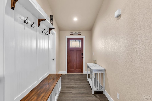 1216 N Whitetail Pl, Pueblo, CO 81007 - mudroom featuring dark wood-style flooring, baseboards, and a textured wall