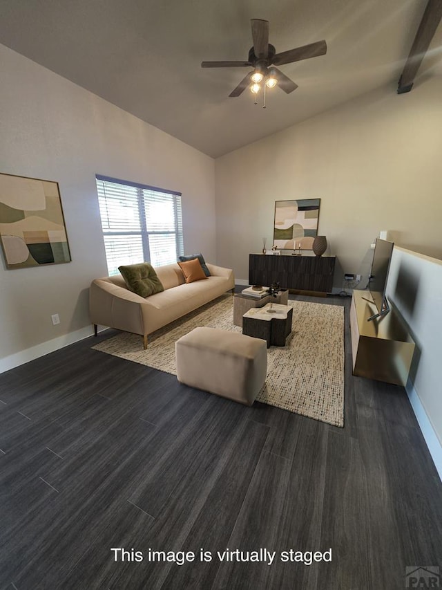 1216 N Whitetail Pl, Pueblo, CO 81007 - living area featuring lofted ceiling, ceiling fan, dark wood finished floors, baseboards, and an office area