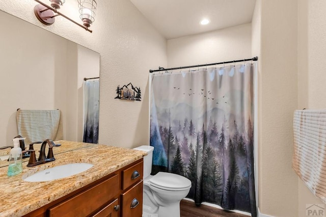 1216 N Whitetail Pl, Pueblo, CO 81007 - bathroom featuring vanity, toilet, wood finished floors, and a shower with shower curtain
