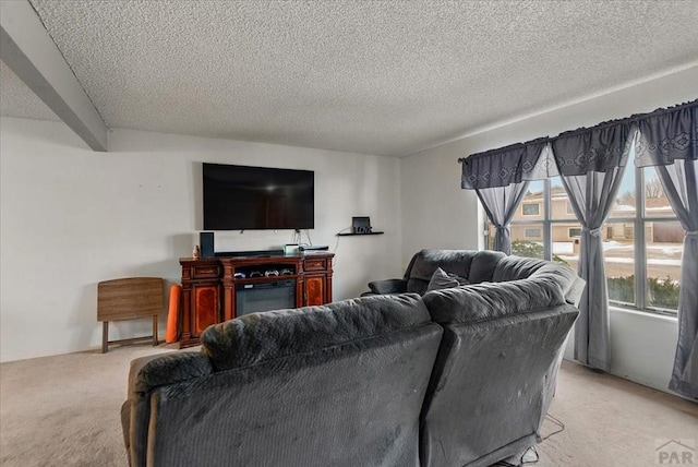 living area featuring a textured ceiling and light colored carpet