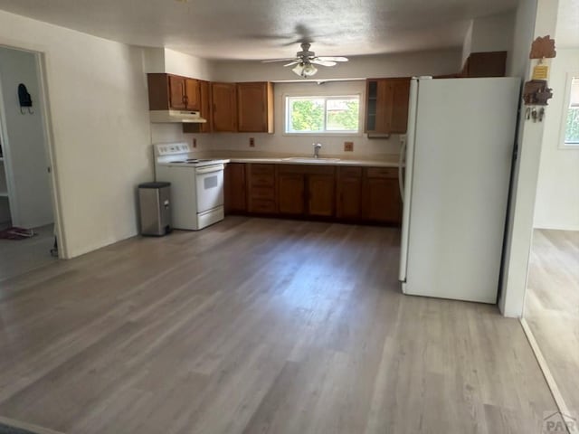 304 S Mullen, Lamar, CO 81052 - kitchen with white appliances, under cabinet range hood, brown cabinetry, light wood finished floors, and a ceiling fan