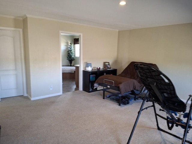 office featuring crown molding, recessed lighting, baseboards, and light colored carpet