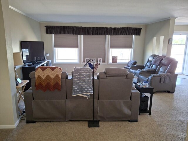 living room featuring light carpet, crown molding, and a wealth of natural light