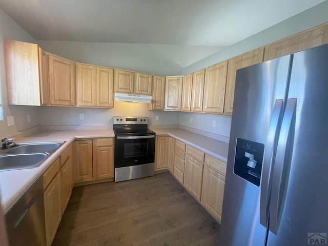 kitchen featuring appliances with stainless steel finishes, light countertops, under cabinet range hood, light brown cabinets, and a sink