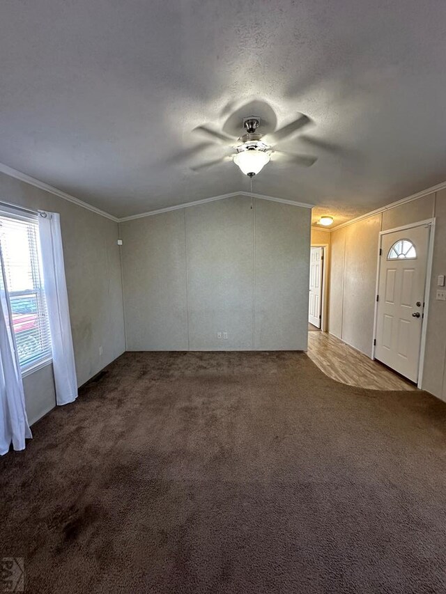 interior space with ceiling fan, a textured ceiling, ornamental molding, and carpet flooring