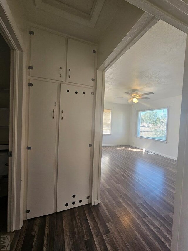 interior space featuring a ceiling fan, a textured ceiling, baseboards, and dark wood-style flooring