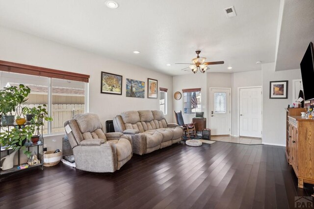 5073 Buchanan Dr, Pueblo, CO 81008 - living area with a ceiling fan, dark wood finished floors, and recessed lighting