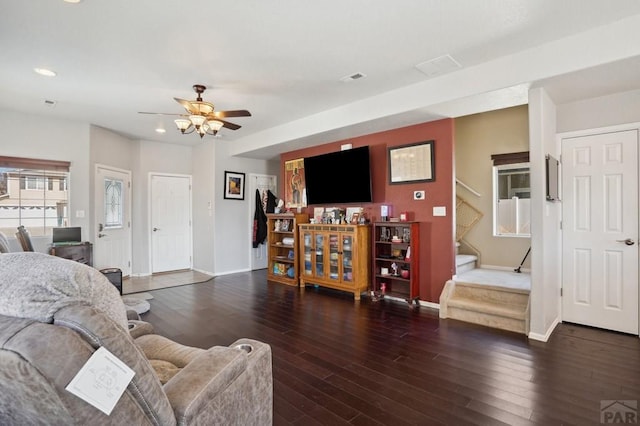 5073 Buchanan Dr, Pueblo, CO 81008 - living room with stairs, a ceiling fan, wood-type flooring, and recessed lighting