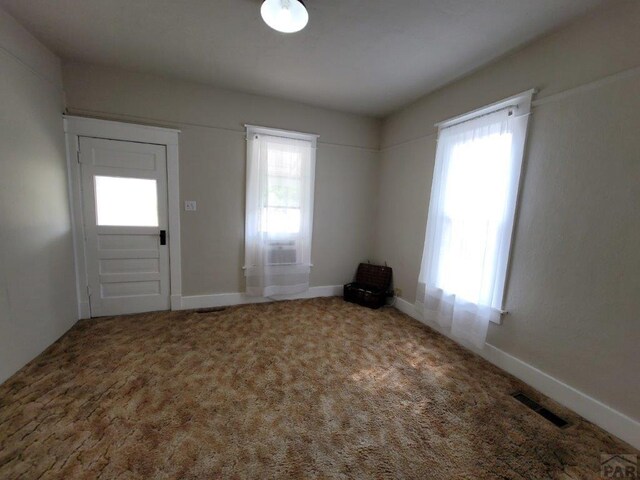 entryway with plenty of natural light, carpet, visible vents, and baseboards