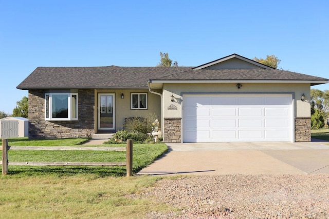 ranch-style home with a garage, driveway, stone siding, a front lawn, and stucco siding