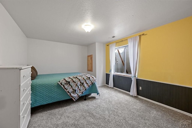 bedroom featuring carpet floors, a wainscoted wall, a textured ceiling, and wood walls