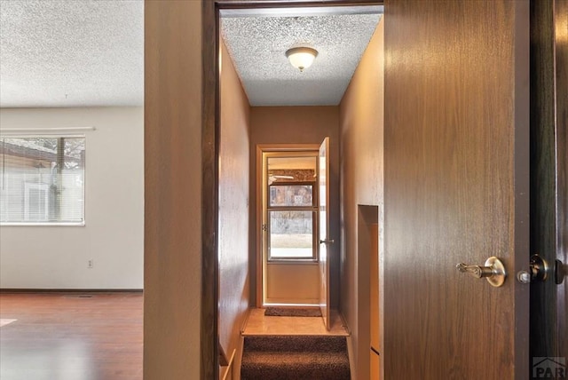 hall featuring a wealth of natural light, a textured ceiling, and wood finished floors