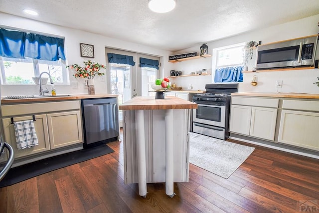 1232 Spruce St, Pueblo, CO 81004 - kitchen featuring butcher block counters, appliances with stainless steel finishes, a sink, dark wood finished floors, and a textured ceiling