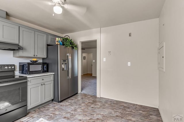 kitchen featuring range with electric cooktop, gray cabinetry, stainless steel refrigerator with ice dispenser, under cabinet range hood, and black microwave