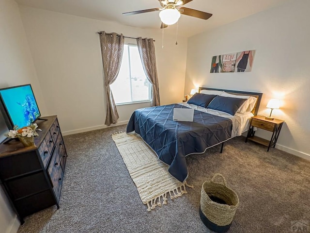 bedroom with carpet floors, a ceiling fan, and baseboards