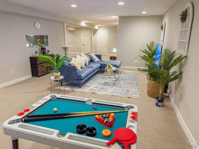 game room with carpet floors, baseboards, and recessed lighting